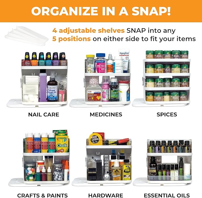 Cabinet Caddy SNAP! Spice Rack Organizer for Cabinet - Slide & Rotate Seasoning Organizer - 4 Snap-In Adjustable Shelves for 