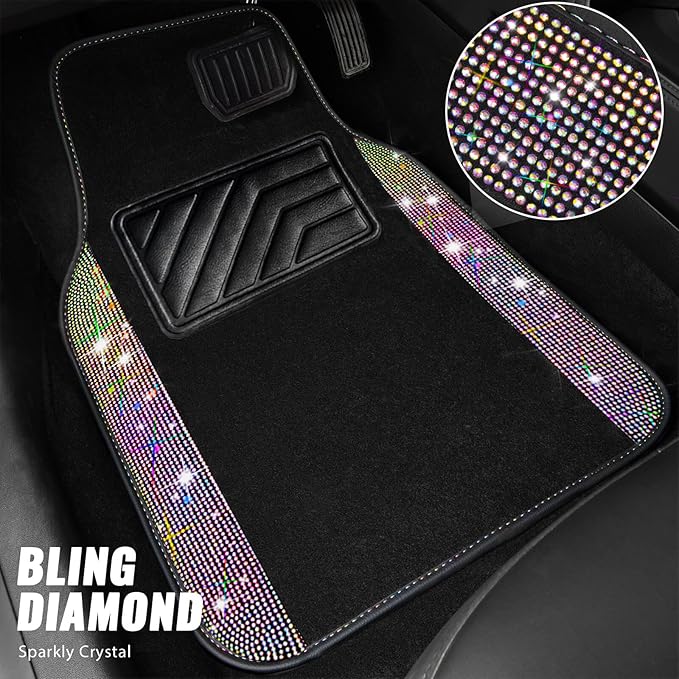 CAR PASS Bling Diamond Leather Steering Wheel Cover 14.5in-15in Floor Mats Shining Rhinestone Carpet Sparkly Glitter Crystal Anti-Slip Pad Fit Automotive SUV Pickup Truck Girl Women, 5pcs Multicolor