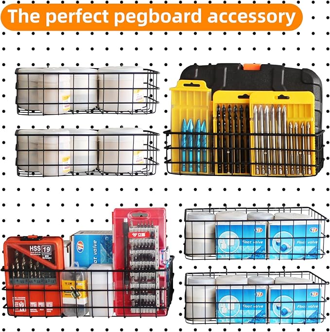 4 Pack Pegboard Baskets Hooks Set, Square Style 4 Size Peg Board Organizer Basket Bins Accessories for Workbench,Garage Stora