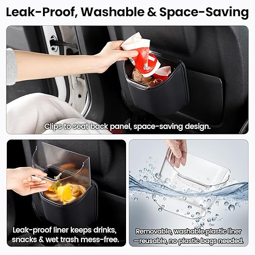 1797 Car Trash Can for Back Seat, Automotive Garbage Bin Clip on Front Seat Back, PU Leather with Leakproof Removable Plastic Liner, 0.42 Gallon Capacity for Small Trash