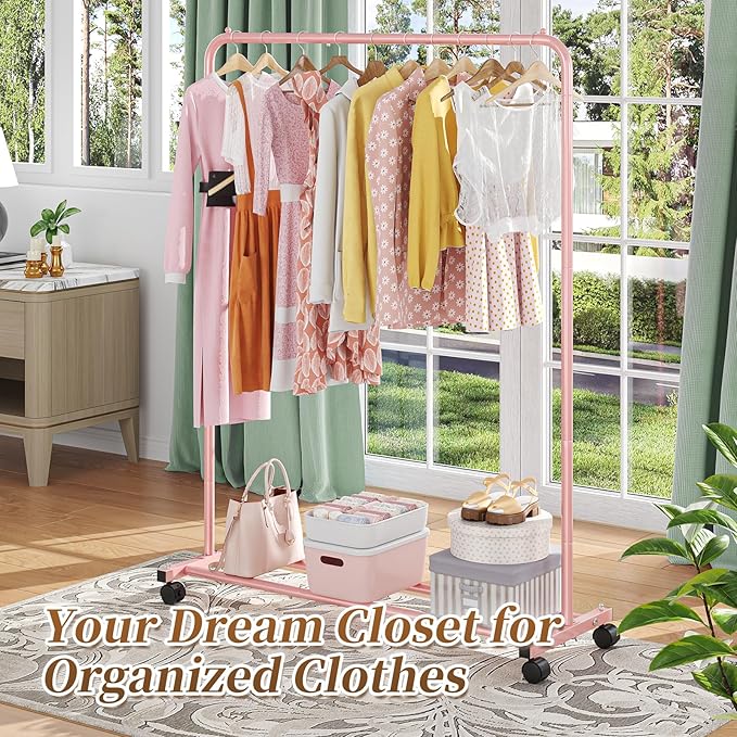 Simple Trending Standard Clothes Clothing Garment Rack with Storage Shelves, Rolling Clothes Organizer on Wheels for Hanging 
