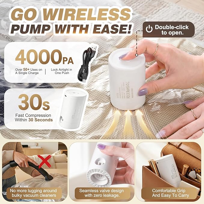 Vacuum Seal Bags for Clothing Travel with Rechargeable Electric Pump, Space Saver Vacuum Storage Bags Travel, Reusable Compre