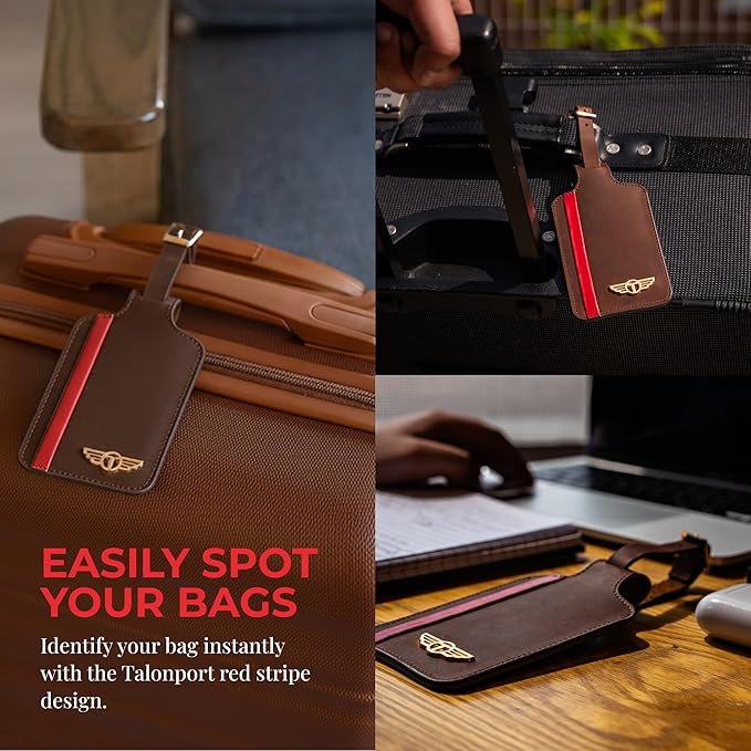 Genuine Leather Luggage Tag with Privacy Flap Set for Men Women Travel Easy with Suitcase Tags Identifiers (Brown, 2 Pack)