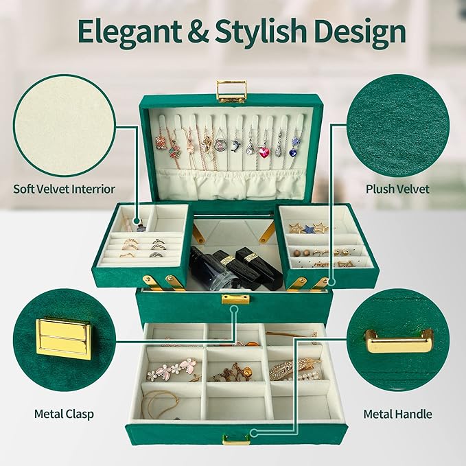 Dajasan Jewelry Organizer Box, Large Velvet Jewelry Boxes for Women Girls, Space-Saving 3 Layers Jewelry Storage Case with Dr