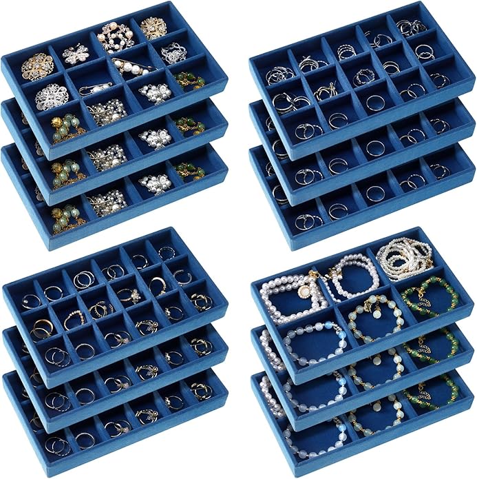 Junkin 12 Pcs Jewelry Tray Velvet Stackable Jewelry Organizer Trays Divided Earring Accessories Storage Containers Box (Rose 