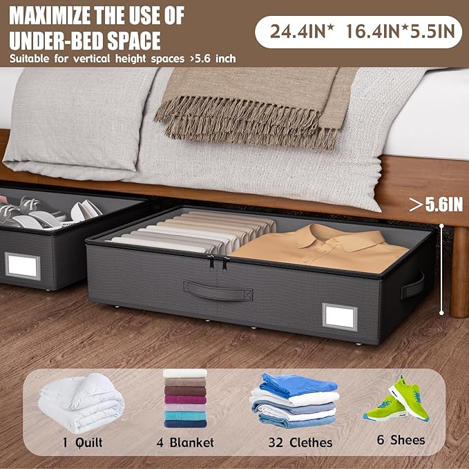 Underbed Storage With Wheels, No Assembly Required - 5.5 Inch Height Black Underbed Bins, Low Profile Rolling Shoe Storage Co