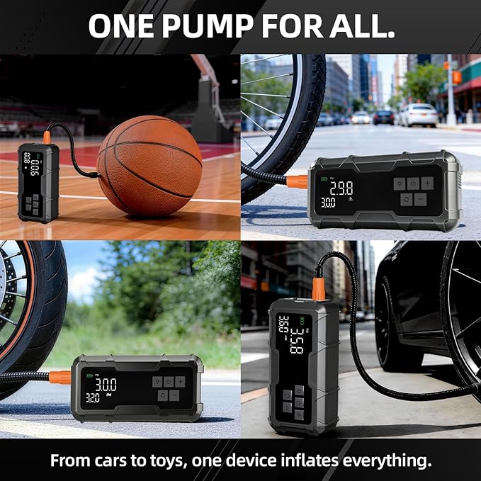 Tire Inflator Portable Air Compressor & Car Jump Starter - 150 PSI Cordless Air Pump Battery Jumper Starter with Pressure Gauge & LED Light for Car Tires, Motorcycle, Bicycle, Balls