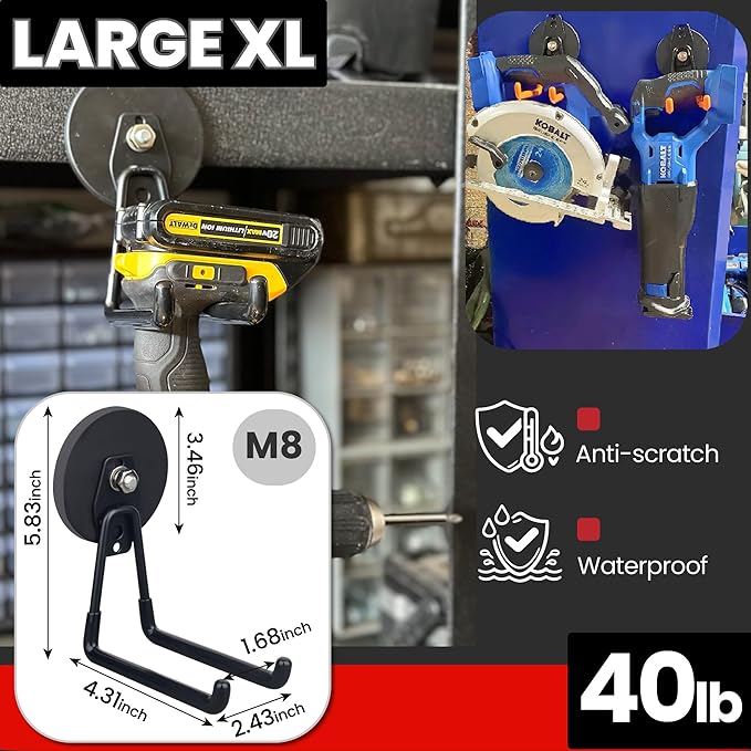 ULIBERMAGNET Heavy Duty Magnetic Garage Hooks Kit,12 Pack Strong Large Magnet Hook for Power Drill,Garden Tools,Hose,Pegboard