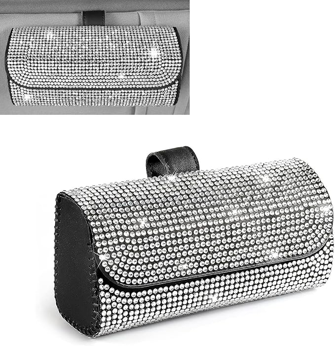 WZP Bling Sunglasses Holder for Car Sun Visor, Rhinestone Leather Eyeglasses Car Visor Clip Storage Glasses Organizer Case, Universal Vehicle Glasses Protective Storage Box for SUV Sedan Van (White)