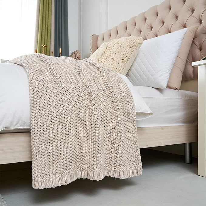 Chunky Cable Knit Throw Blanket Lightweight Beige 100% Organic Cotton Blanket for Sofa Couch Bed Baby Nursery, Rustic Shabby 