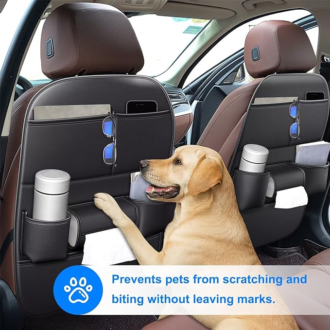 Back Seat Protector 2 Pack Fit For Nissan Rogue Car Kick Mats with Cup & Tissue Storage Organizer Pockets Waterproof Dirt Proof Faux Leather Auto Accessories For Kids(1 Pair Black)