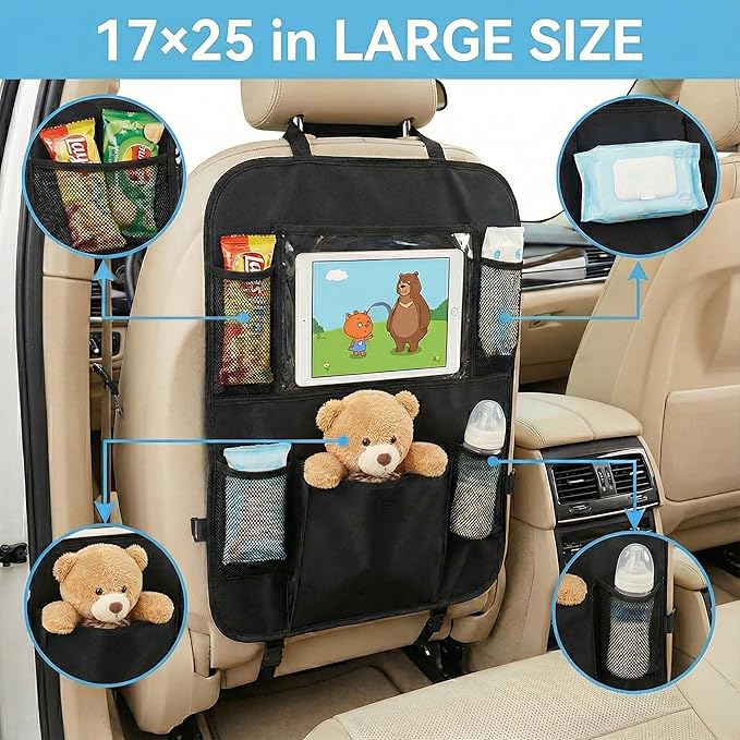 Car Backseat Organizer with 12 Storage Pockets, 12" Touch Screen Tablet Holder, Waterproof Kick Mats Seat Protector, Car Organizers and Storage for Kids, Road Trip Essentials（2 Pack，Black）