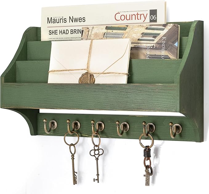 Rebee Vision Pine Wood Key Holder Wall Mount - Rustic 3-Tire Mail Holder for Wall with Sturdy Key Hooks - Multifunctional Mai