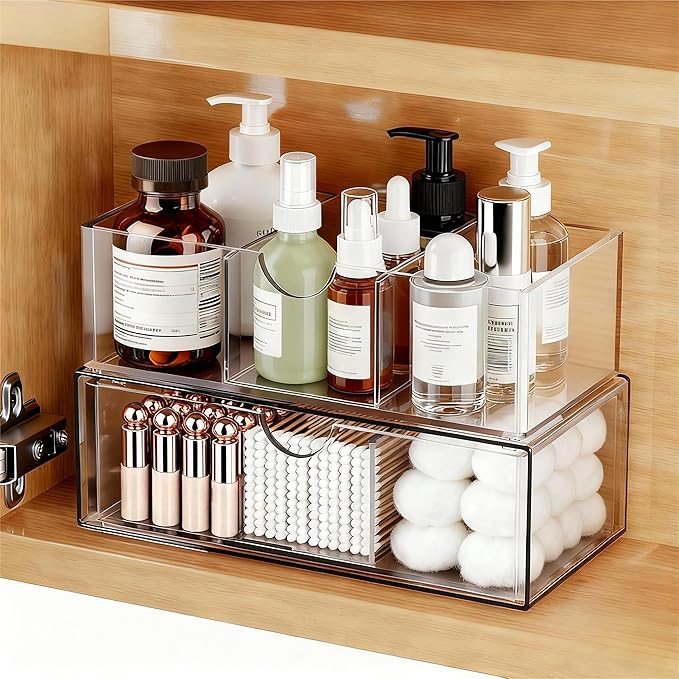2 Tier Medicine Cabinet Organizer and Storage,Stackable Bathroom Medicine Organizer with Removable Dividers, Plastic Vanity S