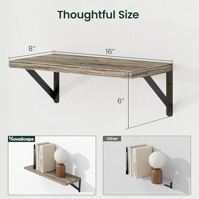 Floating Shelves, 8 Inch Deep Rustic Wood Wall Storage, 16W x 8D Wall Shelves Set of 2, Heavy Duty Metal Brackets, Industrial