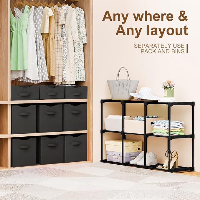 9 Cube Storage Organizer Shelf with Storage Bins and Label, 11 Inch Toy Cube Bins Clothes Closet Organizers Drawers Fabric Dr