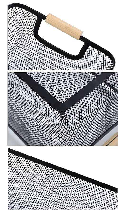 AJIODA Metal Mesh Steel Basket, Medium Wire Storage Organizer Basket Multi-function Hanging Kitchen Basket with Wood Handle f