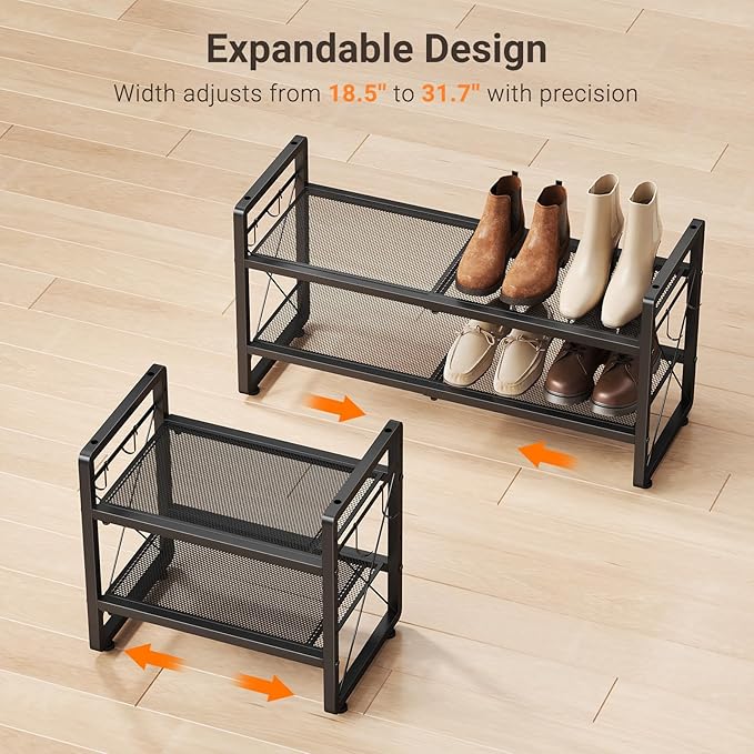 ELYKEN Shoe Rack, 2-Tier Expandable Shoe Organizer for Entryway, Metal Black Shoe Shelf with 4 Hooks, Ajustable Shoe Stand Ho