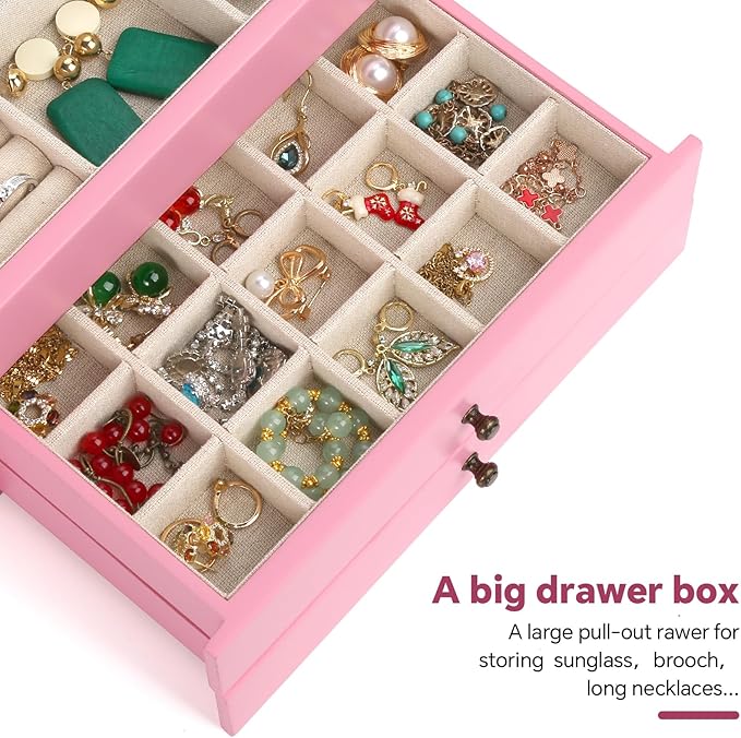 Meangood Jewelry Box Organizer for Women, 3 Layer Large Jewelry Storage Case, Rustic Wooden Jewelry Box with Mirror & Ring Tr
