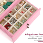 Meangood Jewelry Box Organizer for Women, 3 Layer Large Jewelry Storage Case, Rustic Wooden Jewelry Box with Mirror & Ring Tr