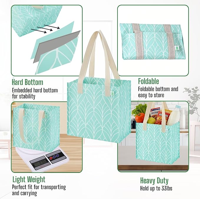 VENO 2-4 Pack Reusable Grocery shopping Bags, Medium Tote Bag w/Handle Hard Bottom, Heavy Duty, Foldable Carrier