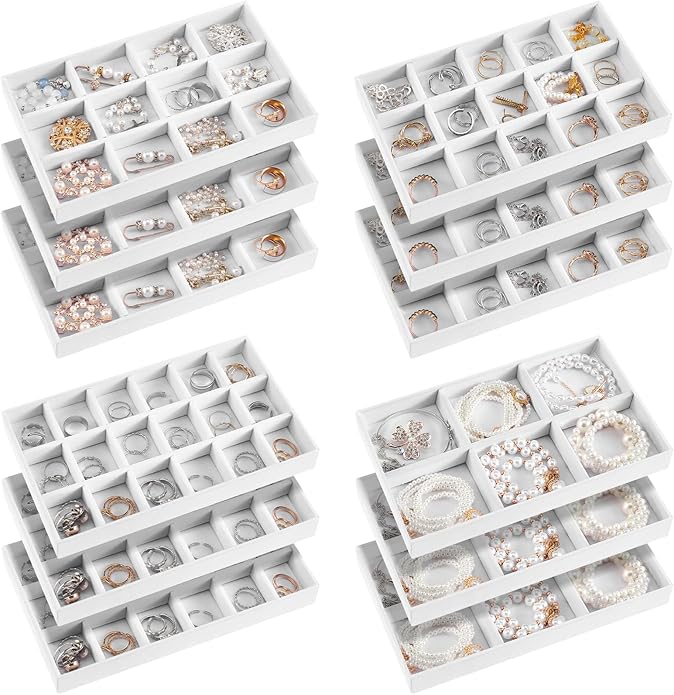 Junkin 12 Pcs Jewelry Tray Velvet Stackable Jewelry Organizer Trays Divided Earring Accessories Storage Containers Box (Rose 