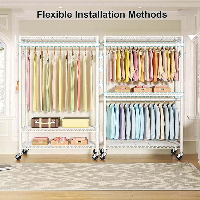 FUTASSI P1 Plus Rolling Clothes Rack, 22mm Diameter Heavy Duty Garment Rack with Wheels, Portable Closet Wardrobe with Double
