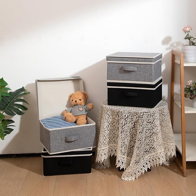 Storage Bins with Lid, Foldable Clothing Storage Box case with Handle for Closet, Bedroom, Home, Gray+Black, 13L x 12.5W x 7H