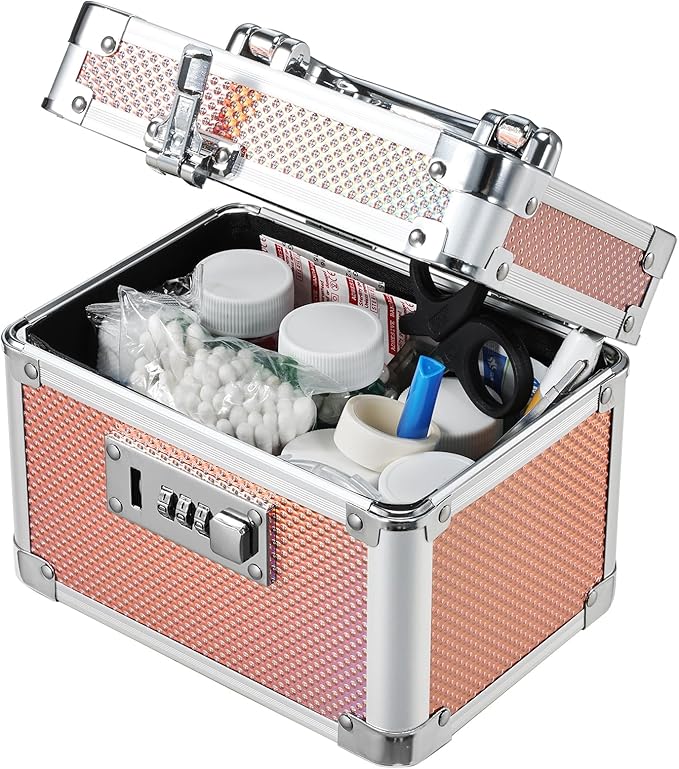 Adazzo Lockable Storage Box - Shiny Gold Medicine Med Lock Box, 7 * 5.25 * 5.75 Inches Safe Case with Combination Lock for Ho