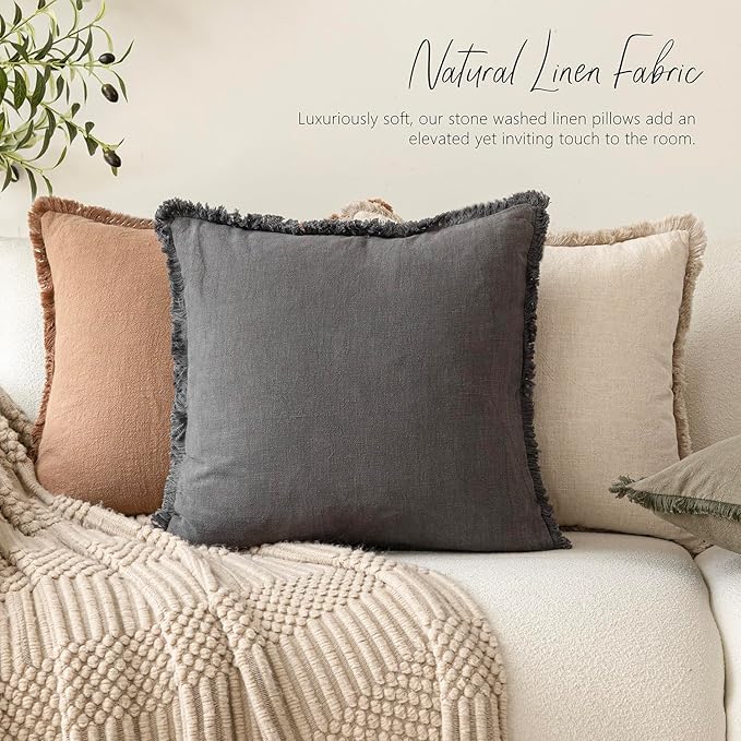 Foindtower Set of 2 Decorative Linen Fringe Throw Pillow Covers Cozy Farmhouse Boho Cushion Cover with Tassels Soft Accent Pi