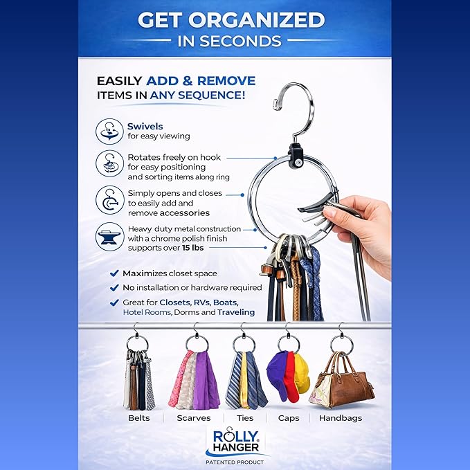 Rolly Hanger® Closet Space Saver – Premium Rotating Aluminum Organizer for Belts, Ties, Hats & Handbags – Heavy Duty 360° Swi