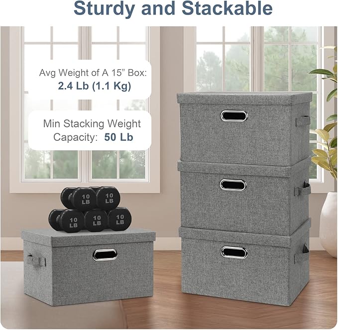 Graciadeco Medium 15" 21 Quart Collapsible Stackable Storage Bins with Lids, 5 Packs Grey Foldable Fabric Closet Boxes Heavy-