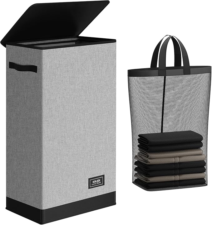 SOLEDI Slim Laundry Hamper with Lid, Narrow Laundry Basket with Removable Bags, Dirty Clothes Hamper with handle, Small Hampe