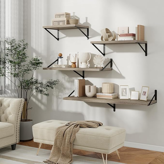 Floating Shelves, 12 Inch Deep Rustic Wood Wall Storage, 16W x 12D Wall Shelves Set of 2, Heavy Duty Metal Brackets, Large In