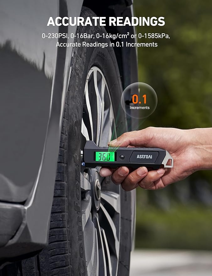 AstroAI Digital Tire Pressure Gauge, 230 PSI 4 Settings Heavy Duty for Car Bicycle with Larger Backlit LCD Flashlight and Non-Slip, Black