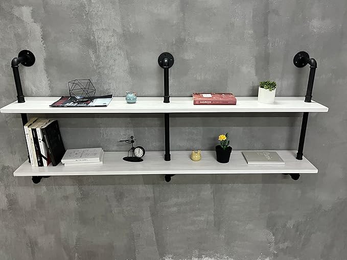 Industrial Pipe Shelving Rustic White Pipe Wall Shelves Industrial Shelves with Wood Planks Floating Shelves 60 Inch Farmhous