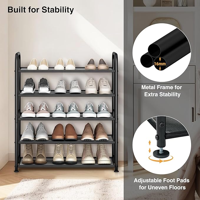 STO STO 5-Tier Shoe Rack with Sturdy Mesh Shelves, Heavy Duty Metal Shoe Organizer for Entryway, Closet, Garage, Front Door, 