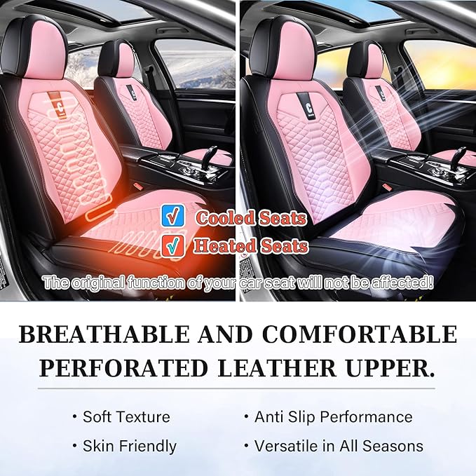 Coverado Front Seat Covers, 2 PCS Pink Seat Cover for Cars, Breathable Fabric& Faux Leather Seat Cover, Driver Seat Cushion, 