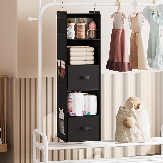 YOUDENOVA Hanging Closet Organizer, 5 Tier Hanging Closet Shelves with 6 Side Pockets and 2 Drawers, Black