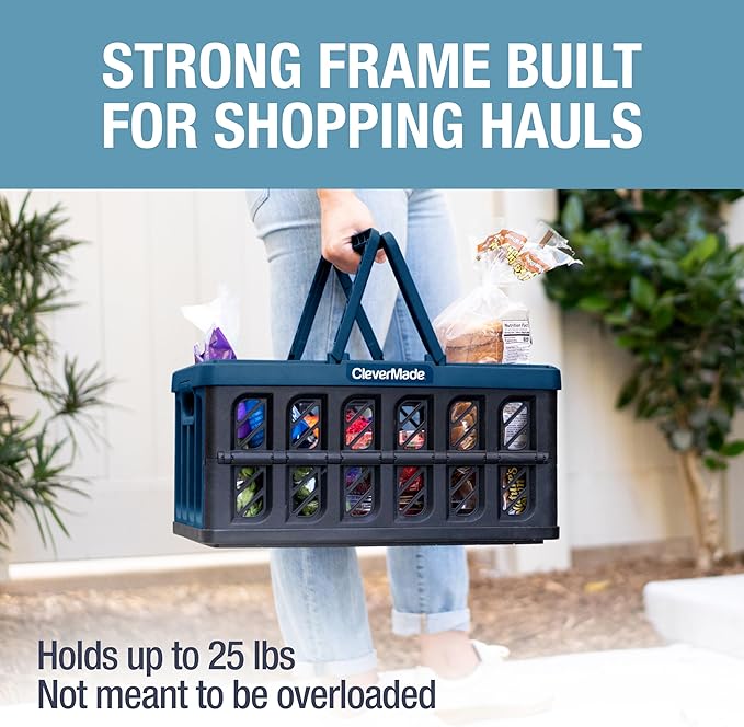 CleverMade Collapsible Shopping Basket with Handles - 24L 3 Pack Collapsible Grocery Tote, Plastic Storage Baskets Fold Flat, S