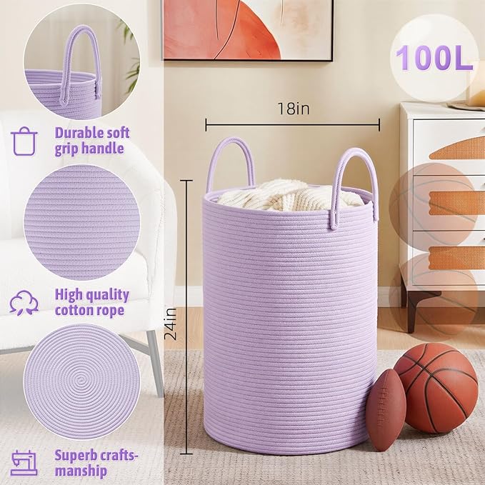 Artfeel Laundry Basket,Woven Cotton Rope Laundry Hamper,100L for Decorative Storage of Dirty Clothes,Toys and Blankets in Bat