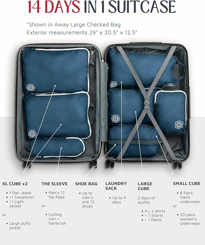 TRIPPED XL Compression Packing Cubes — 7-Piece Set for Checked Luggage | Extra-Large (15.7"×11"×4") + Large + Small + Tube + 