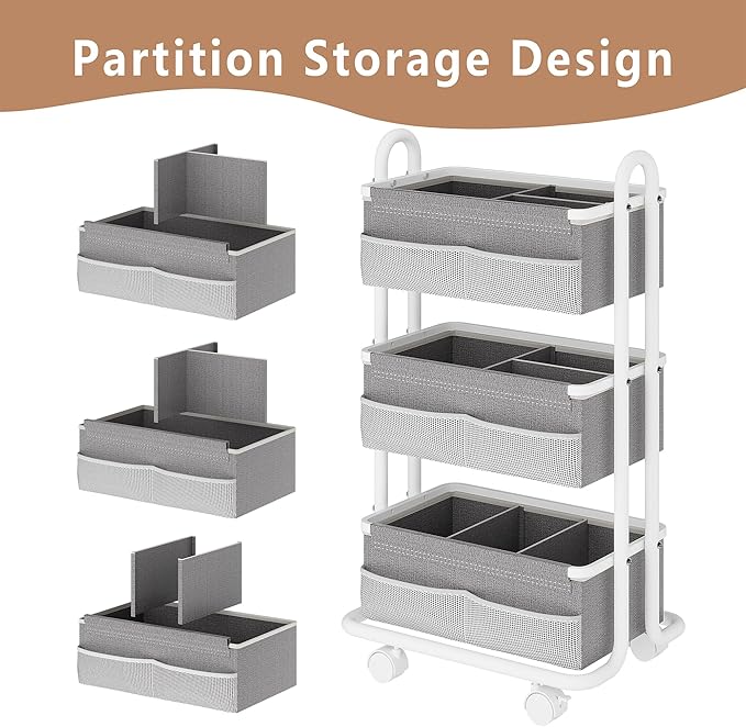 3-Tier Baby Diaper Caddy Organizer Cart, Mobile Nursery Storage Carts with Wheels, 3 Dividers & 6 Mesh Pockets Durable Metal 