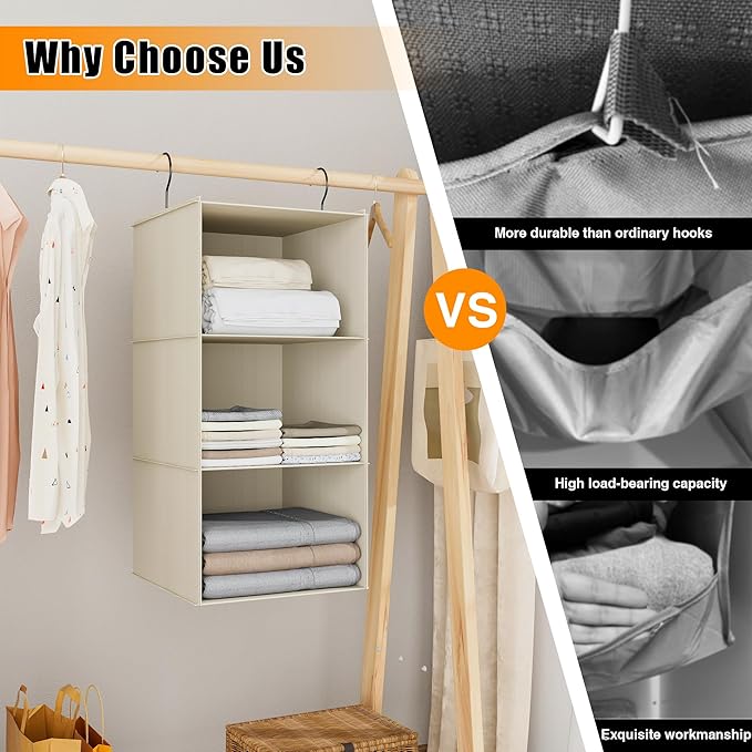 Hanging Closet Organizer and Storage 3-Shelf, Easy Mount Foldable Hanging Closet Wardrobe Storage Shelves, Clothes Handbag Sh