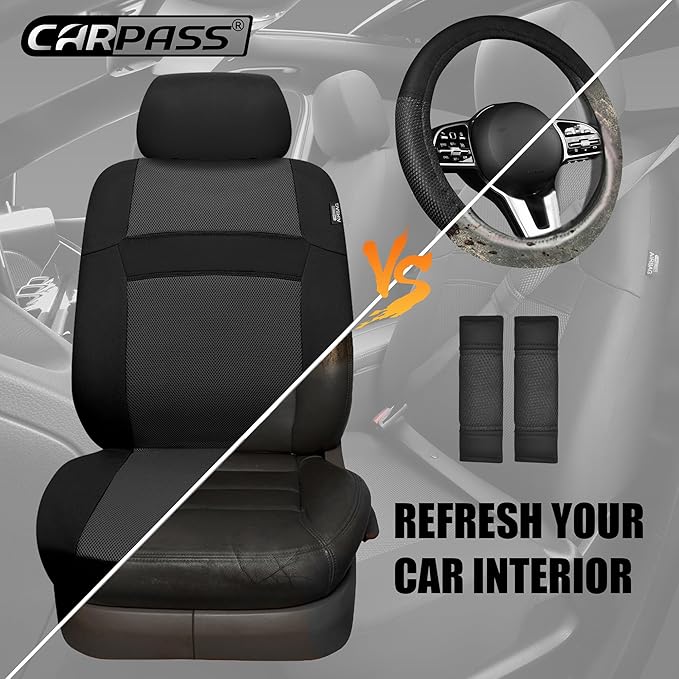 CAR PASS Universal 13PCS 3D Air Mesh Car Seat Covers -100% Breathable Seat Covers Full Sets Steering Wheel and Belt Cover Airbag and Rear Split Bench Compatible for Automotive SUV Truck (Pure Black)