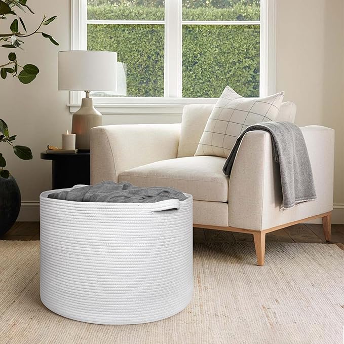 MEGASKET 115L White Cotton Rope Storage Basket, 23.6"x15.7" Extra Large Blanket Storage Living Room, XXXL Soft Toy Bin for Or