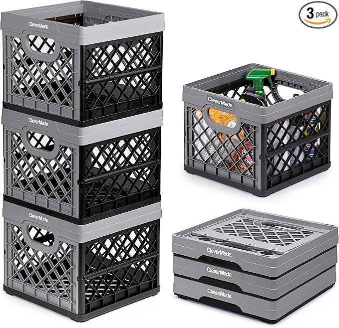 CleverMade Collapsible Milk Crate 25L (6.6 Gal) 3 Pack, 50 lb Capacity Heavy Duty Folding Crate – Stackable Storage Crates wi