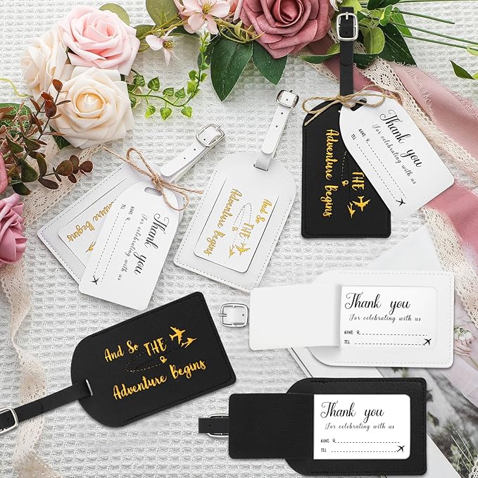 Sweetude 48 Sets Leather Luggage Tag Bulk and So The Adventure Begins Luggage Tags with Name Card for Wedding Bridal Shower B