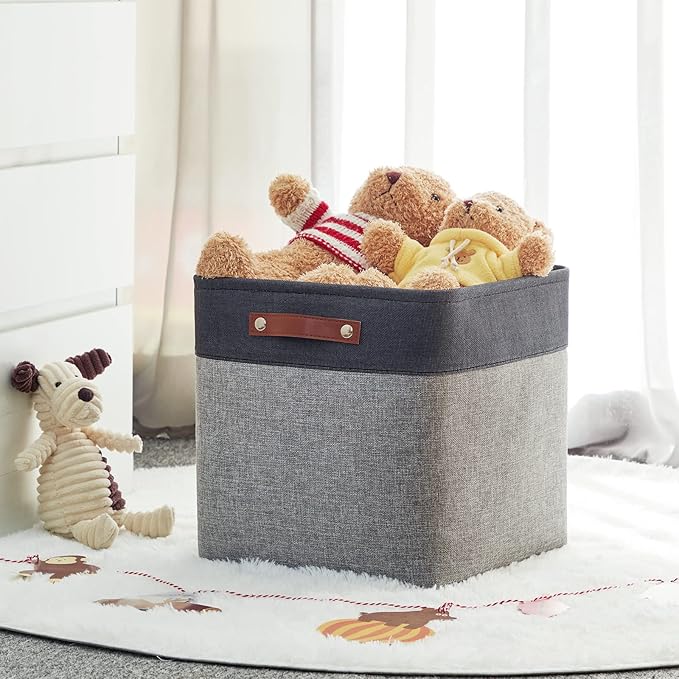 HNZIGE Storage Foldable Baskets Cubes Set(3 Pack) Fabric Bins for Shelves,13 Inch Storage Basket for Organizing with Leather 