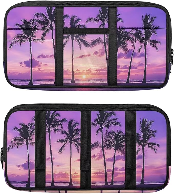 Car Sun Visor Organizer Sunset Palm Tree Car Sun Visor Storage Bag with Big Zipper Pocket Cars Accessories Easy Installation Suitable for Cars SUV